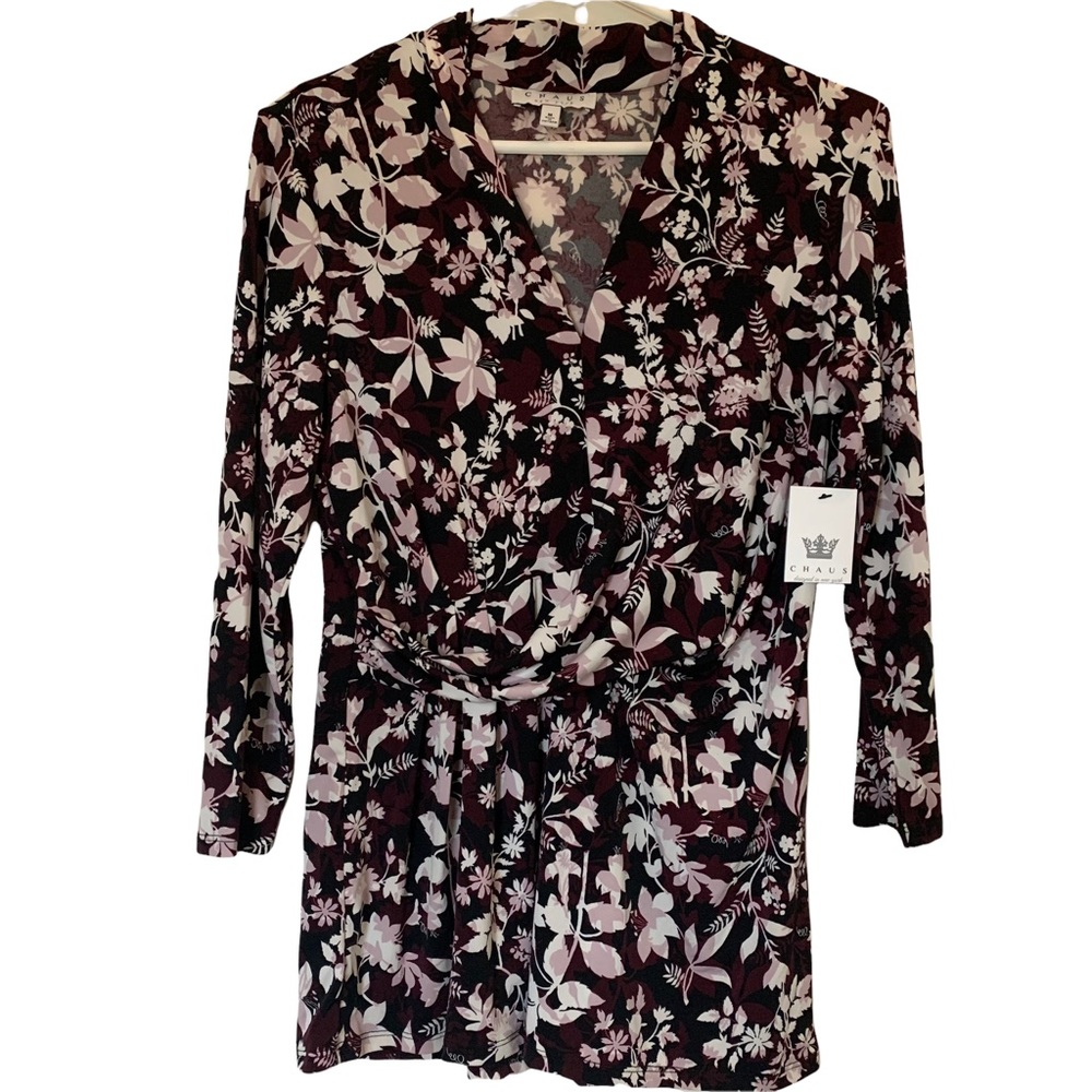 Chaus Burgundy V-Neck Wrap Blouse Size Medium - Picture 1 of 12